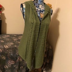 Bongo Open Front Asymmetrical Hooded Sweater Vest Olive Green